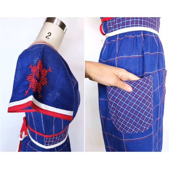 Embroidered Apron Dress with Pockets Colorful Cotton Dress 70s does 30s 40s XS - Picture 4 of 10